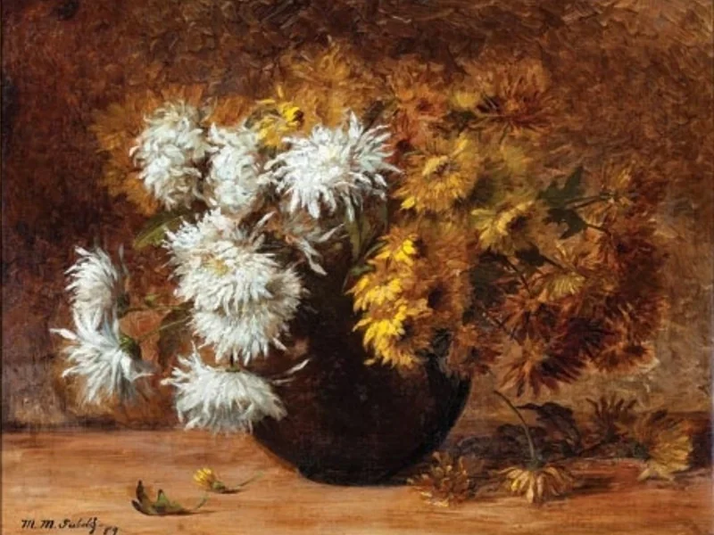 1866-Marie Madeleine Seebold Molinary - Natura morta con crisantemi in vaso